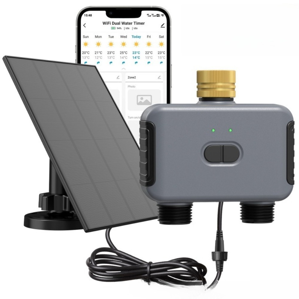 Timer Dual Outlet - WiFi対応デュアルアウトレットスマートウォータータイマー、APP遠隔操作自動灌漑コントローラー（庭、芝生、中庭の水やり用）