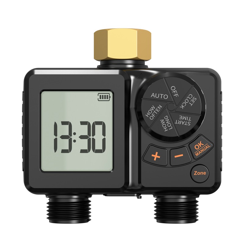 Timer Dual Outlet - USB 5V電源式デュアルアウトレット自動ガーデンウォータータイマー、屋外植物の水やり用スマート灌漑バルブ