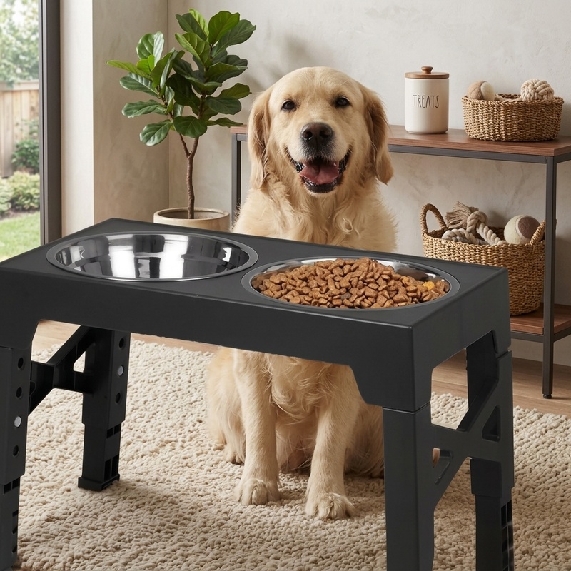 Royal Canin Food Medium - 高さ調節可能な犬用食器台。ステンレス製の食器2個付き。小型犬、中型犬、大型犬に対応。高さを上げて食事や水飲みを楽にするスタンド。